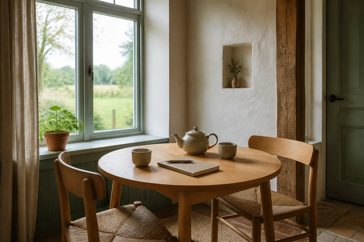 Een rustige kamer met een ronde houten tafel en twee stoelen
