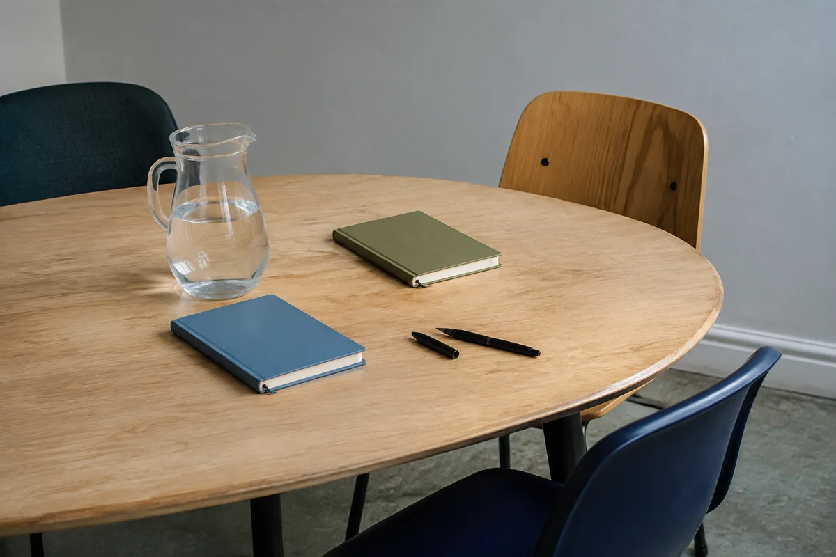 notitieboeken en water op een tafel met drie stoelen