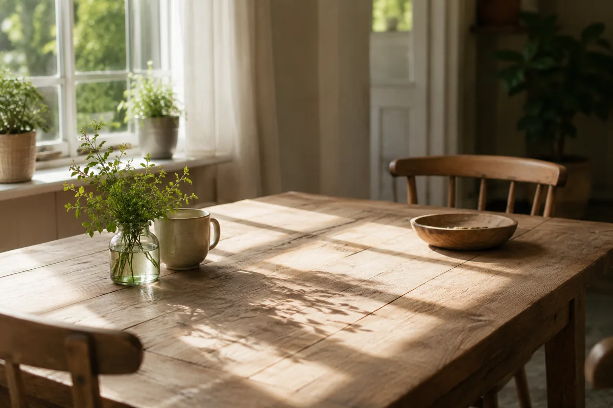 Houten eettafel bij het raam met een kop thee en een plantje